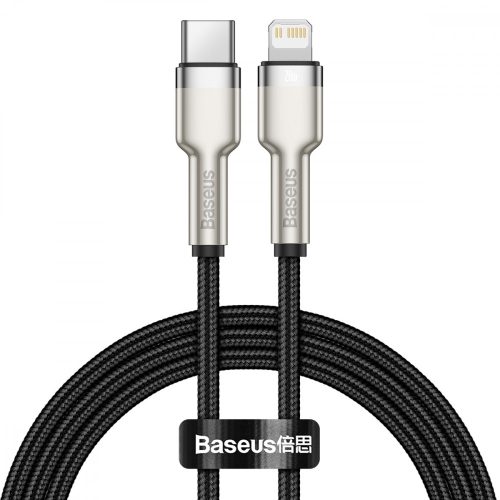 Baseus premium Type-C - kábel Lightning (Apple) - Kovová hlava, 25 cm, 20W nabíjanie, kevlarový kryt - čierny