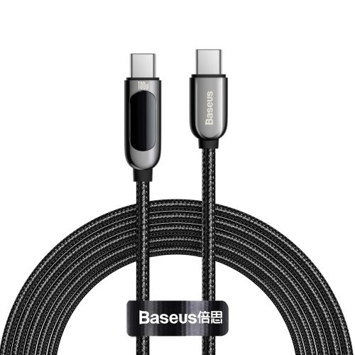 Kábel Baseus Type-C to Type-C – 1 metre dlhý, 100W nabíjací výkon, LED displej nabíjania, perleťový plátenný kryt – čierny