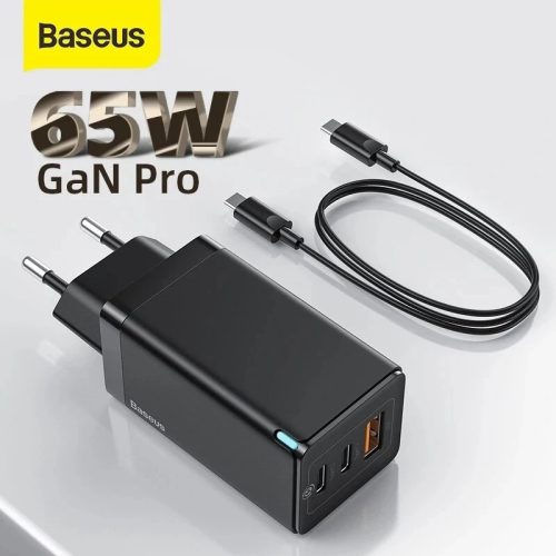 Rýchla nabíjačka GaN pre laptop a telefón Baseus - 65 W, podpora USB pre protokoly nabíjania 2xPD3.0 + QC3.0
