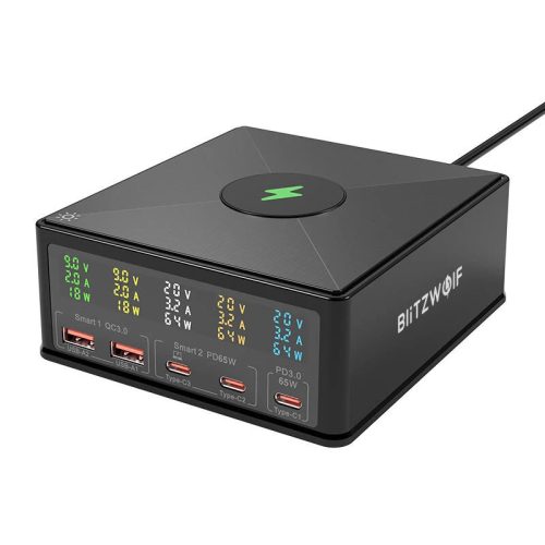 BlitzWolf® 868H 160W stolná rýchla nabíjačka USB PD+QC3.0, 3x Type-C + 2x USB-A + Qi port pre bezdrôtové nabíjanie