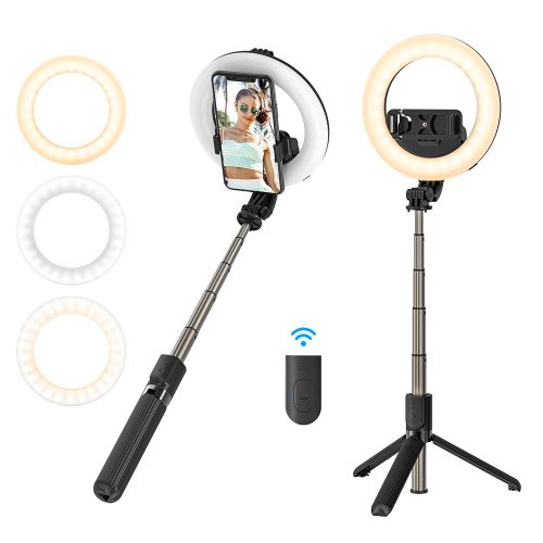 BlitzWolf® BW-BS8 Pro - selfie tyč s doplnkovým svetlom, statív, 5-palcové kruhové svetlo