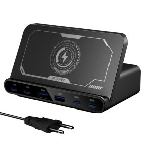   BlitzWolf® BW-S27 – 160W stolová rýchla nabíjačka, 6 USB nabíjacích portov (Typ-C a USB-A) + bezdrôtové nabíjanie