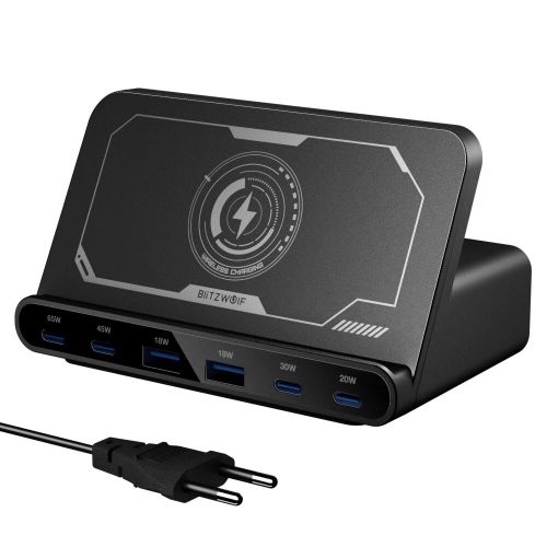 BlitzWolf® BW-S27 – 160W stolová rýchla nabíjačka, 6 USB nabíjacích portov (Typ-C a USB-A) + bezdrôtové nabíjanie