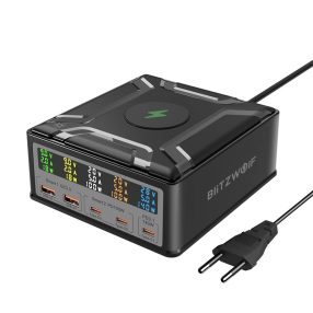   BlitzWolf® BW-S28 260W desktop 5x USB PD+QC3.0 stolná rýchla nabíjačka, 3x Type-C + 2x USB-A + Qi port pre bezdrôtové nabíjanie