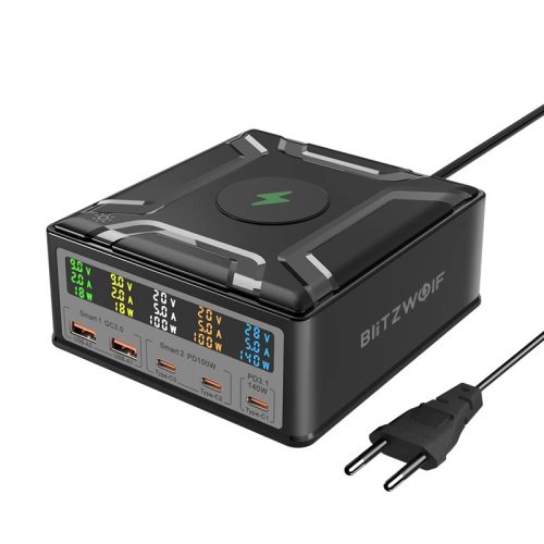 BlitzWolf® BW-S28 260W desktop 5x USB PD+QC3.0 stolná rýchla nabíjačka, 3x Type-C + 2x USB-A + Qi port pre bezdrôtové nabíjanie
