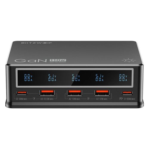 Stolná rýchla nabíjačka BlitzWolf® BW-i9 110W, 2x Type-C (PD) + 3x USB-A nabíjacie porty - Nabíjanie pomocou displeja