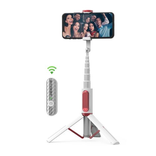 Prenosný selfie stick BlitzWolf® BW-BS10, všetko v jednom, s výsuvným statívom, skrytou svorkou do telefónu, do dĺžky 720 mm, odnímateľné diaľkové ovládanie - Biela