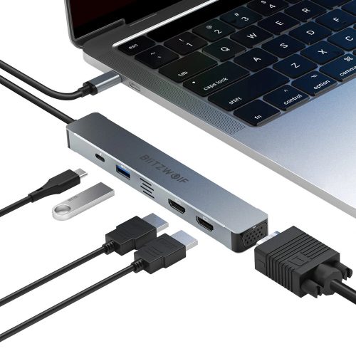 BlitzWolf BW-NEW-TH11 USB Hub 5v1: 2x HDMI port, prenos energie: 87W, 1x USB-A 3.0, 1x VGA port