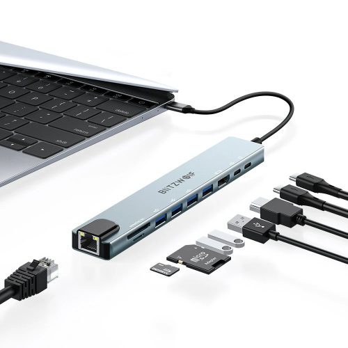 BlitzWolf BW-NEW-TH5 USB Hub 10v1: 1x HDMI port, 4x USB-A 3.0, 1x RJ45, prenos energie: 100W, čítačka SD kariet