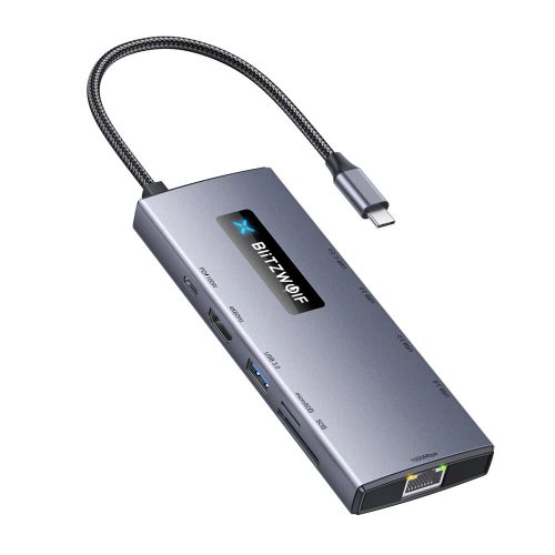 BlitzWolf BW-NEW-TH8 USB Hub 10v1: 1x HDMI 4K@60HZ, 5x USB 3.0, 1x RJ45, Power Delivery: 100W, Čítačka kariet SD/TF
