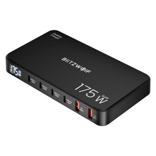 Blitzwolf® BW-S30 - 175W stolná rýchlonabíjacia stanica s USB a digitálnym displejom, 6 USB portov (4x Type-C + 2x USB-A porty)