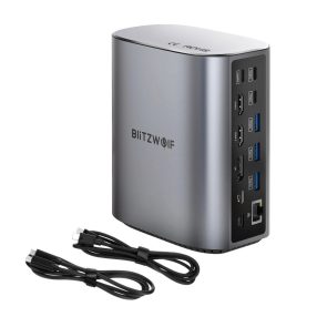   Blitzwolf BW-TH15 Hub 17 v jednom: 2x 4K HDMI, 1x DP port, USB Type-C 3.2 Gen2, 4x USB-A, čítačka SD kariet, 3,5 Jack, LAN port