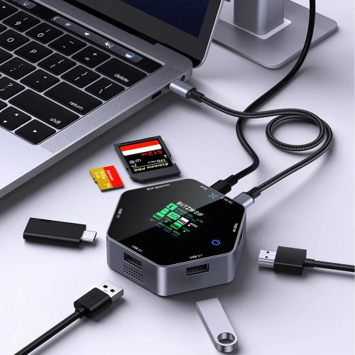 Blitzwolf BW-TH16 USB HUB dokovacia stanica: LCD displej, Type-C, USB3.1 Type-C 3.1, HDMI 4K @ 60Hz, sloty pre SD/TF karty, 100W PD