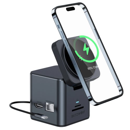 Blitzwolf® BW-TH17 – dokovacia stanica USB Type-C s magnetickou bezdrôtovou nabíjačkou a 4K@30Hz a RJ45 a slotom na SD/TF