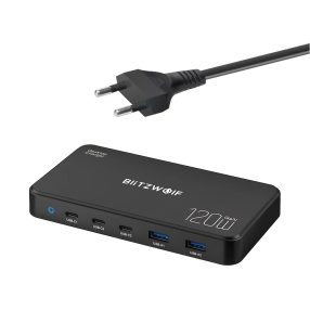   Blitzwolf® BW-i100 GaN 120W stolná USB rýchla nabíjačka, 5 USB portov (3x 100W PD3.0 rýchla nabíjačka + 2x 18W USB-A porty)