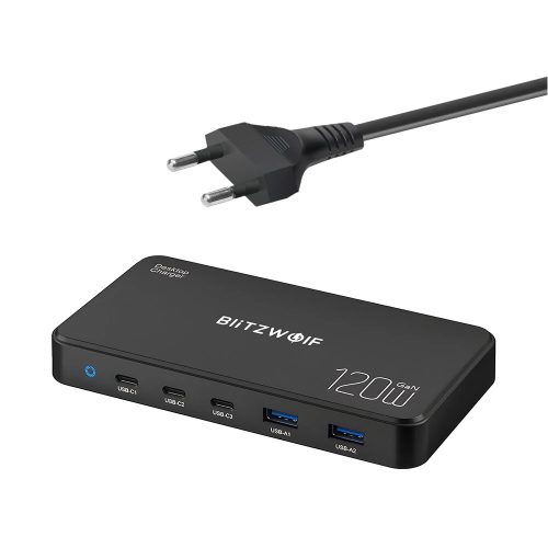 Blitzwolf® BW-i100 GaN 120W stolná USB rýchla nabíjačka, 5 USB portov (3x 100W PD3.0 rýchla nabíjačka + 2x 18W USB-A porty)