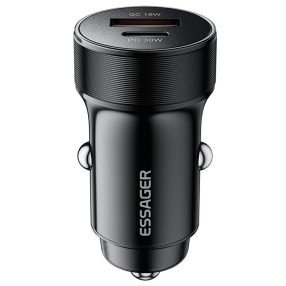   ESSAGER® ES-CC24 PD 30W - hliníková nabíjačka do auta. 1x USB-A + 1x USB Type-C port pre rýchle nabíjanie, inteligentný čip - čierna