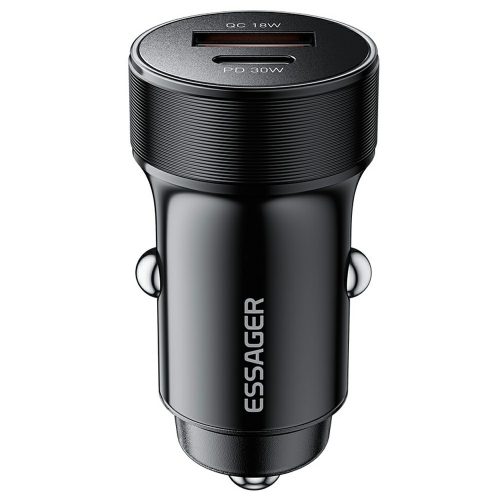 ESSAGER® ES-CC24 PD 30W - hliníková nabíjačka do auta. 1x USB-A + 1x USB Type-C port pre rýchle nabíjanie, inteligentný čip - čierna