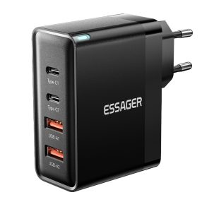   ESSAGER® ES-CD37 – 100-wattová USB nabíjačka do siete – 4 porty (2x typ C + 2x USB-A) pre Android, Apple a Windows