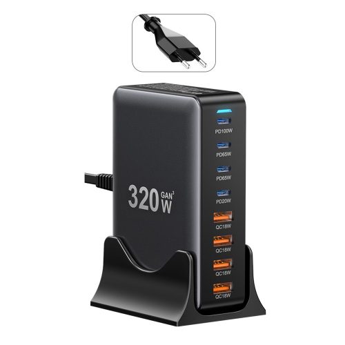 ESSAGER® YMX-320W – 320-wattová rýchlonabíjačka s USB – 8 portov (4x typ C + 4x USB-A) pre Android, Apple a Windows