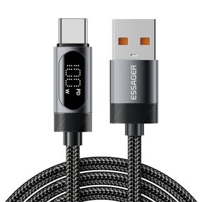   ESSAGER ES-X64 – 1 metre, kábel USB Type-A - Type-C. Digitálny displej, nabíjanie 100 W, perleťový látkový kryt.