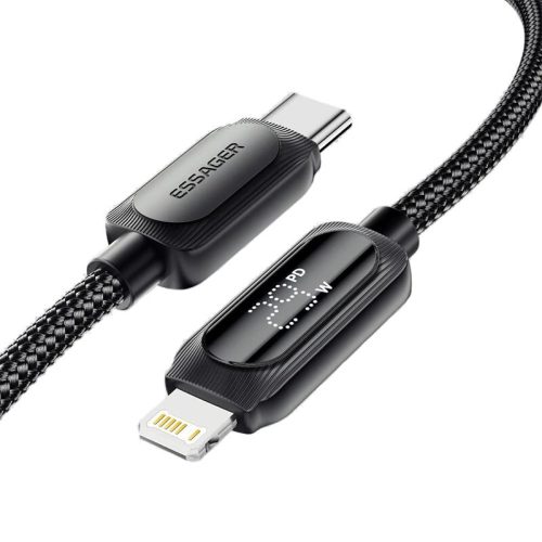 ESSAGER ES-X57 – 1 meter, kábel USB Type-C – Lightning. Digitálny displej, nabíjanie 29 W, perleťový látkový kryt.
