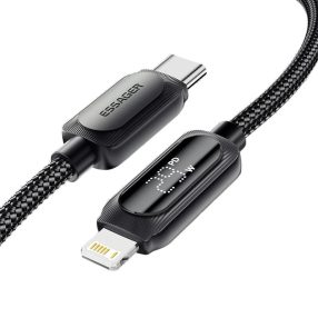   ESSAGER ES-X57 – 2 meter, kábel USB Type-C – Lightning. Digitálny displej, nabíjanie 29 W, perleťový látkový kryt.