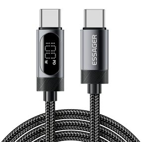   ESSAGER ES-X64 – 1 metre, kábel USB Type-C - Type-C. Digitálny displej, nabíjanie 100 W, perleťový látkový kryt.