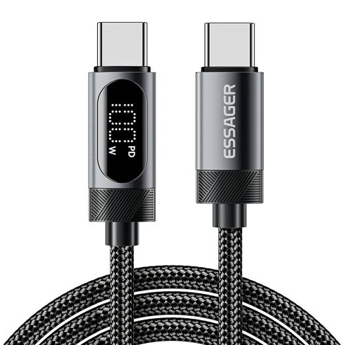 ESSAGER ES-X64 – 1 metre, kábel USB Type-C - Type-C. Digitálny displej, nabíjanie 100 W, perleťový látkový kryt.