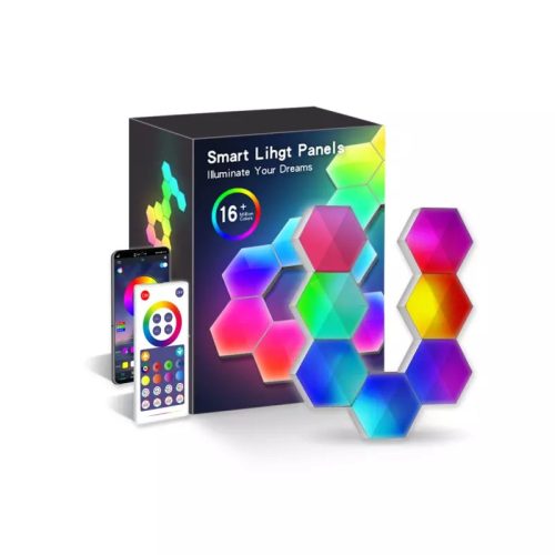 RSH® QG06 - Smart Hexagon farebné (RGB) nástenné svietidlo - 6 ks, Aplikácia + diaľkové ovládanie, šesťhranné, RGB farebná škála, možno nalepiť na stenu