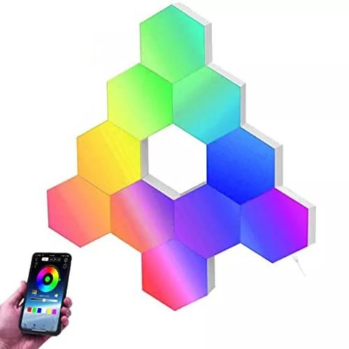 RSH® QG10 - Smart Hexagon farebné (RGB) nástenné svietidlo - 10 ks, Aplikácia + diaľkové ovládanie, šesťhranné, RGB farebná škála, možno nalepiť na stenu