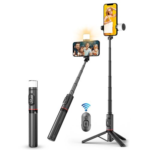 Q12s - Statív a selfie tyč - odnímateľné diaľkové ovládanie Bluetooth | dĺžka 750 mm | LED osvetlenie a blesk | silný hliníkový predstavec