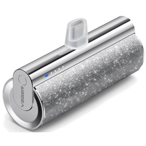 Power banka Veger Lipstick-C s konektorom USB Type-C – 5000mAh, PD3.0 - Strieborná