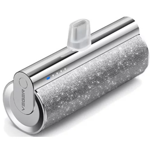 Power banka Veger Lipstick-C s konektorom USB Type-C – 5000mAh, PD3.0 - Strieborná